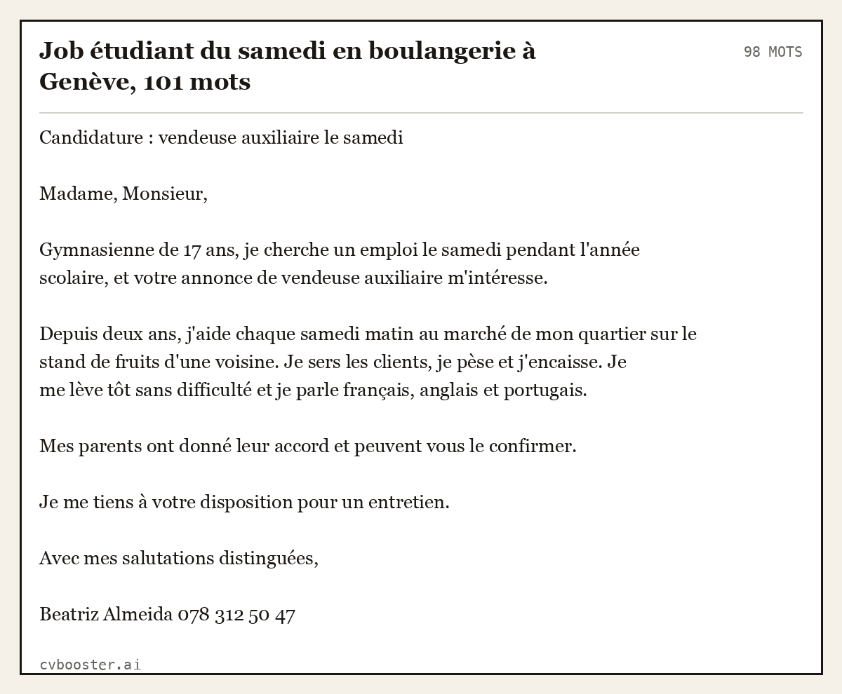 Exemple complet: Job étudiant du samedi en boulangerie à Genève, 98 mots