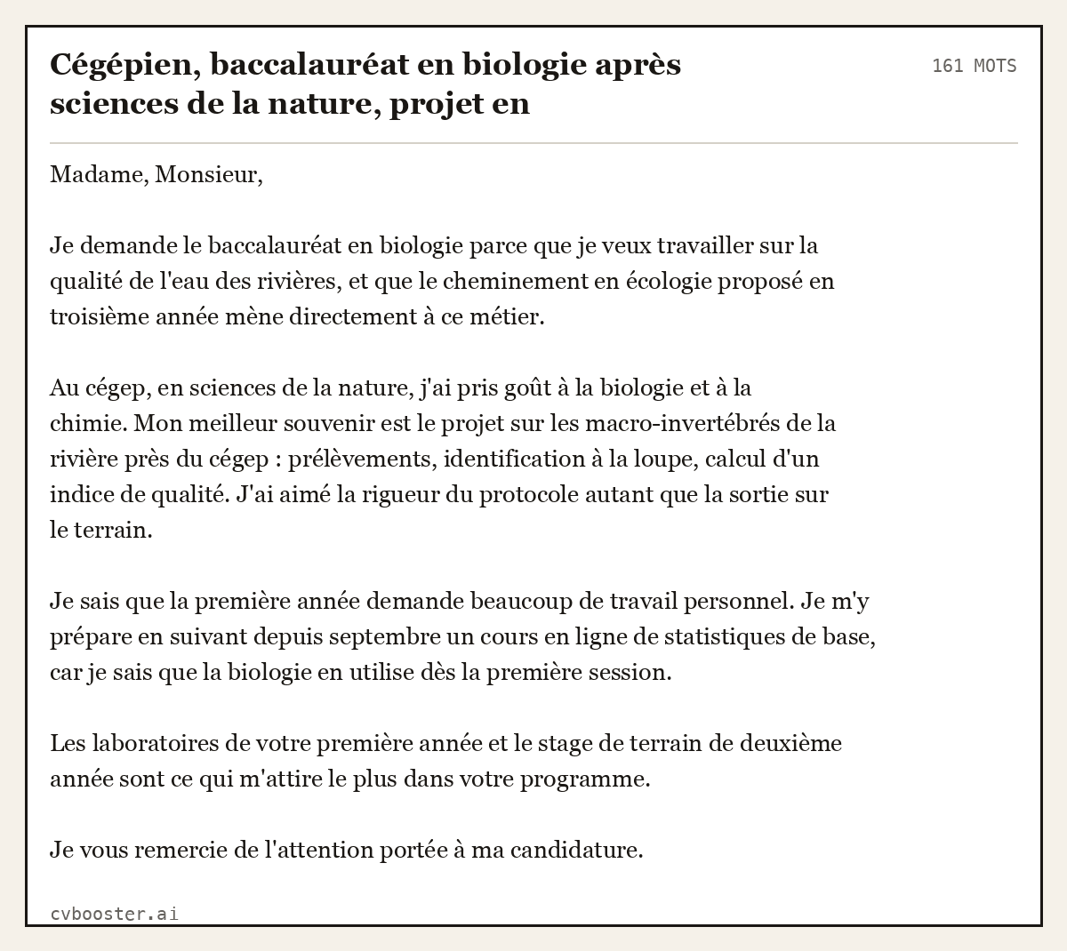 Exemple complet: Cégépien, baccalauréat en biologie après sciences de la nature, projet en environnement, Québec, 161 mots