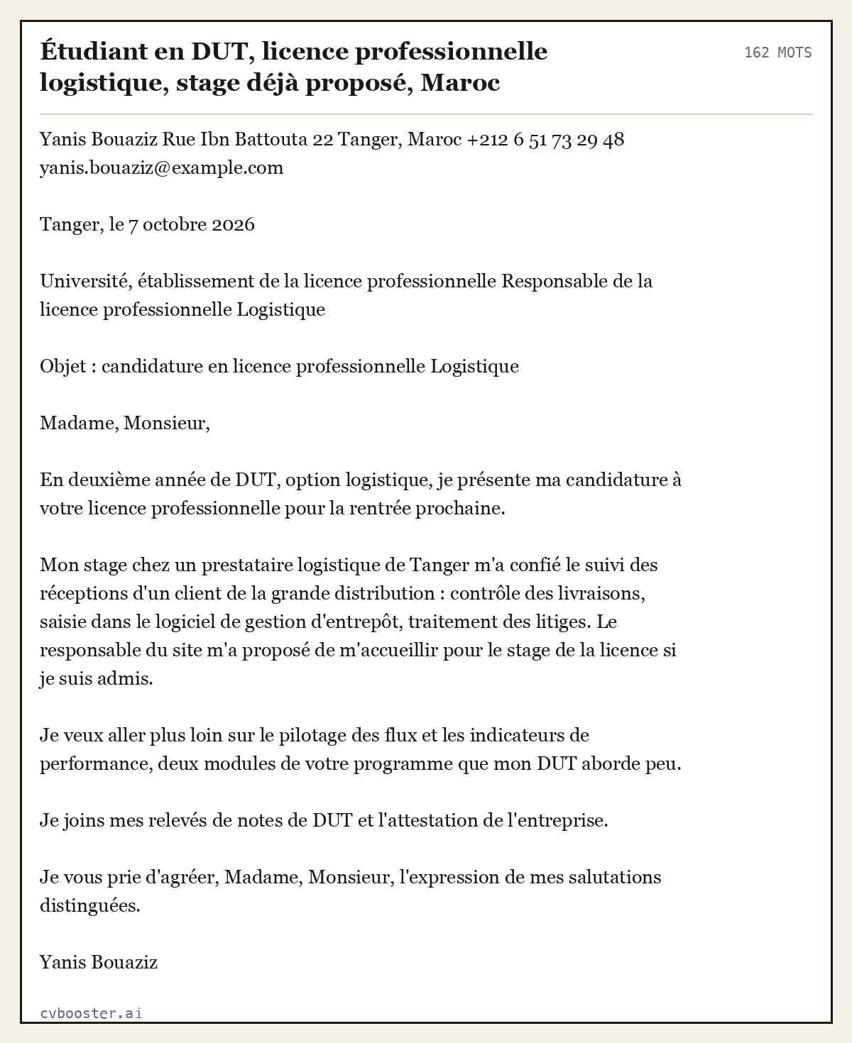 Exemple complet: Étudiant en DUT, licence professionnelle logistique, stage déjà proposé, Maroc, 162 mots