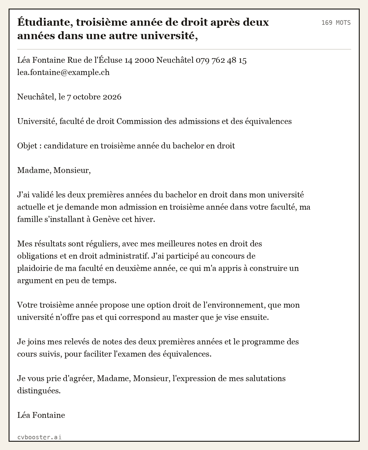 Exemple complet: Étudiante, troisième année de droit après deux années dans une autre université, déménagement, Suisse, 169 mots