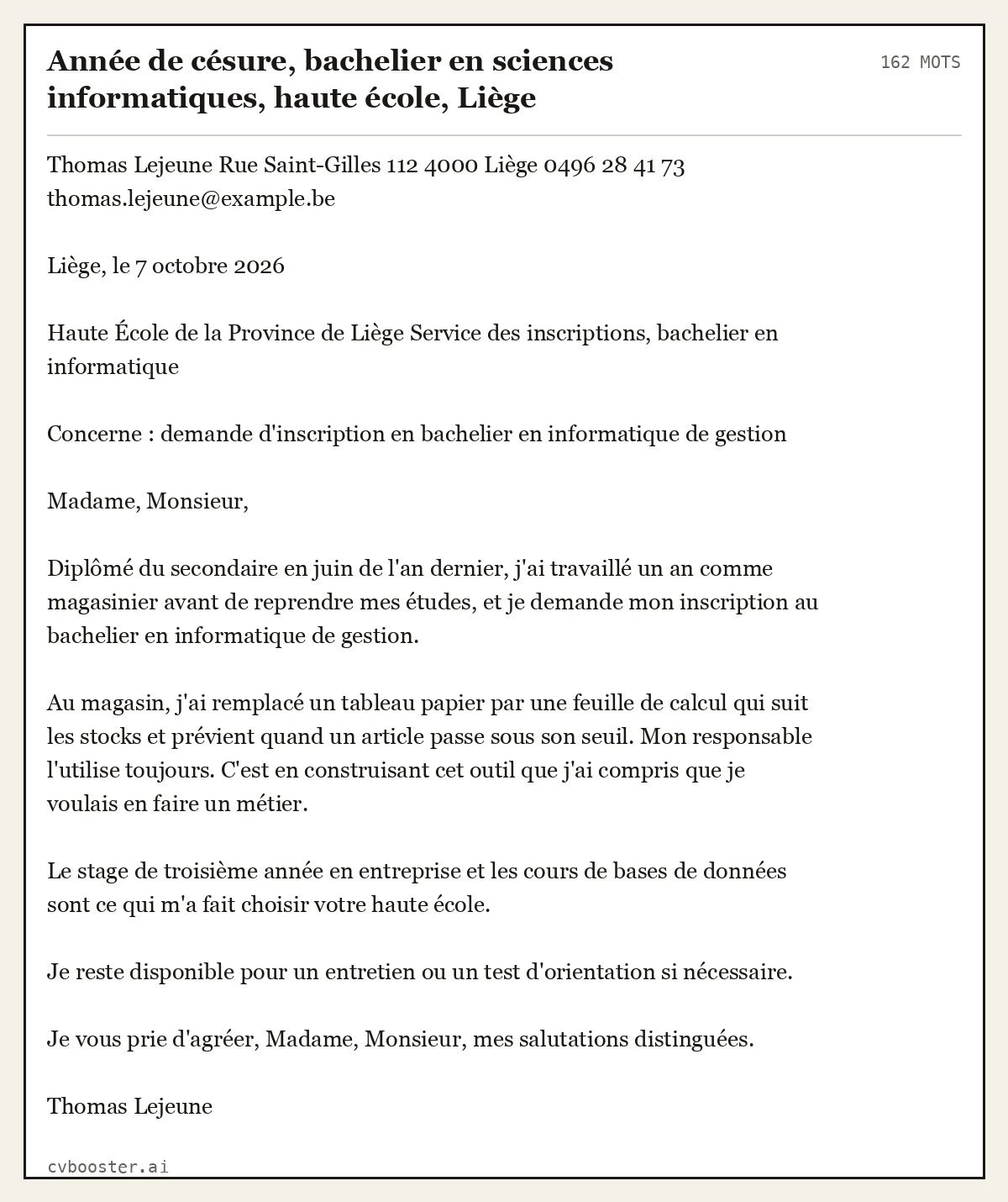 Exemple complet: Année de césure, bachelier en sciences informatiques, haute école, Liège, 162 mots