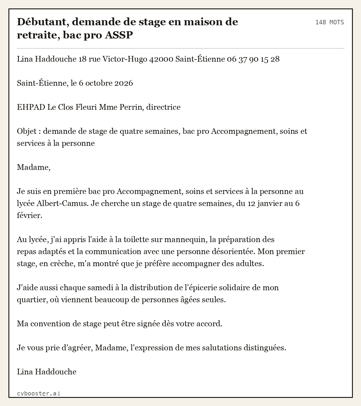 Exemple complet: Débutant, demande de stage en maison de retraite, bac pro ASSP, 148 mots