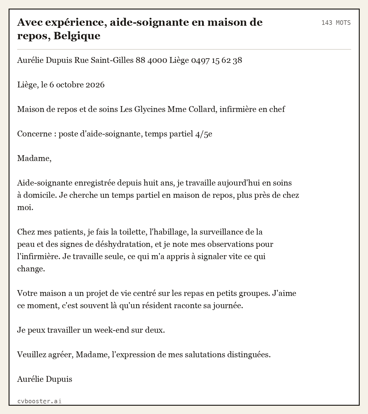 Exemple complet: Avec expérience, aide-soignante en maison de repos, Belgique, 143 mots
