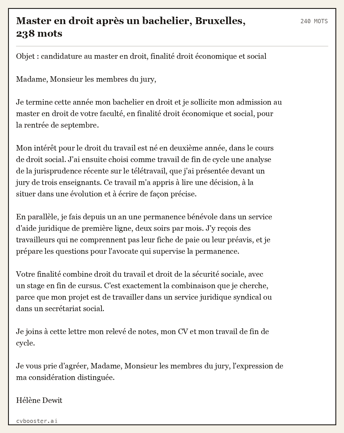 Exemple complet: Master en droit après un bachelier, Bruxelles, 240 mots