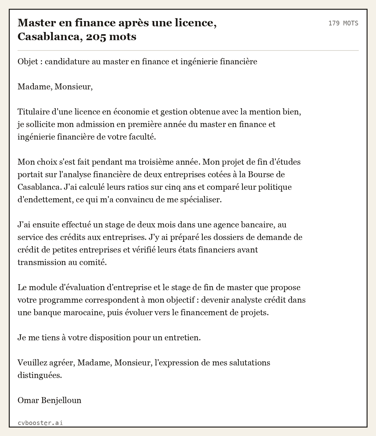 Exemple complet: Master en finance après une licence, Casablanca, 179 mots
