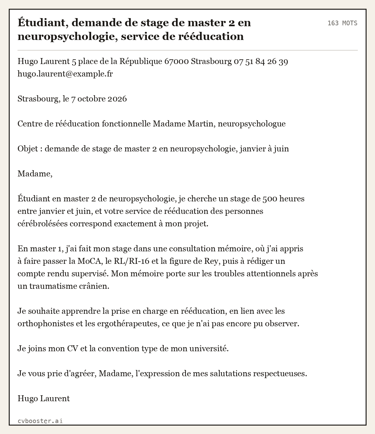 Exemple complet: Étudiant, demande de stage de master 2 en neuropsychologie, service de rééducation, 163 mots