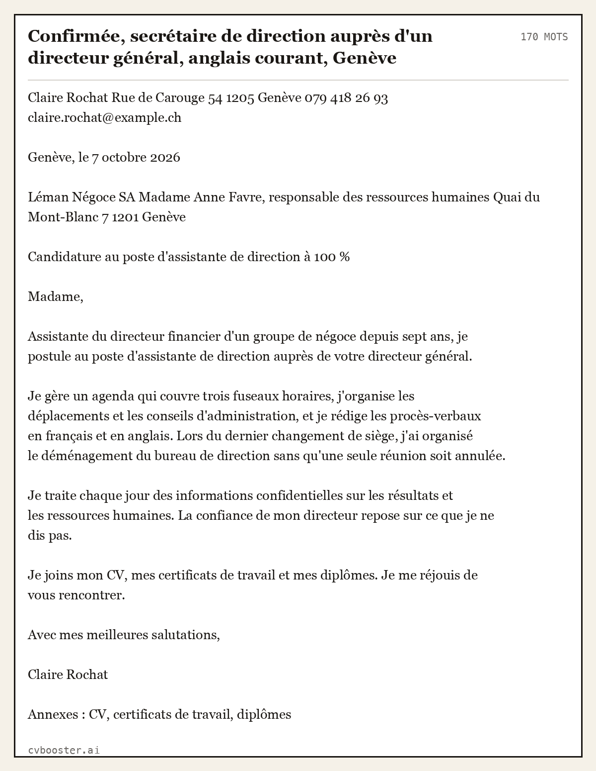 Exemple complet: Confirmée, secrétaire de direction auprès d'un directeur général, anglais courant, Genève, 170 mots