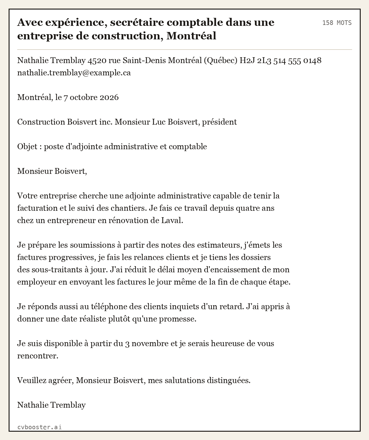 Exemple complet: Avec expérience, secrétaire comptable dans une entreprise de construction, Montréal, 158 mots