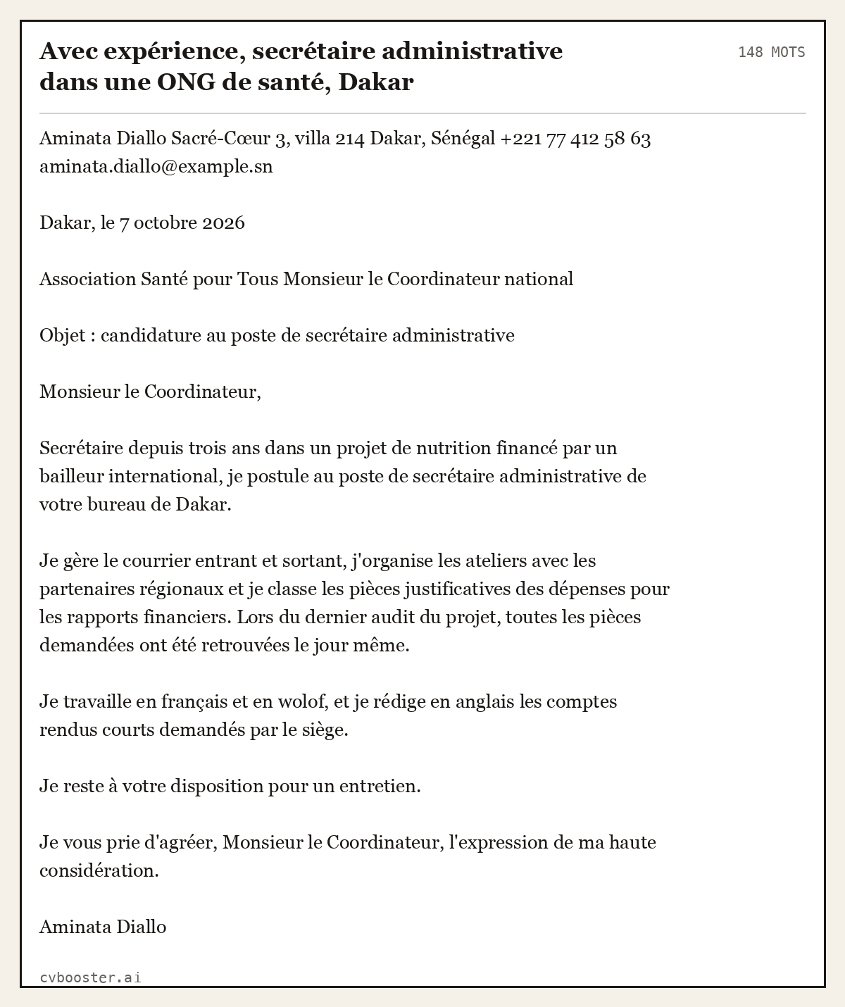 Exemple complet: Avec expérience, secrétaire administrative dans une ONG de santé, Dakar, 148 mots