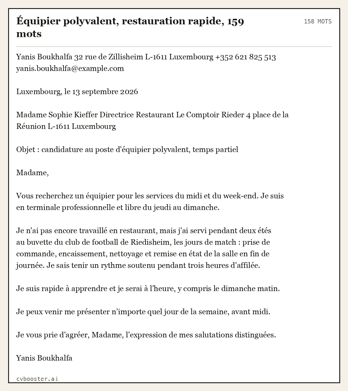 Exemple complet: Équipier polyvalent, restauration rapide, 159 mots, 158 mots