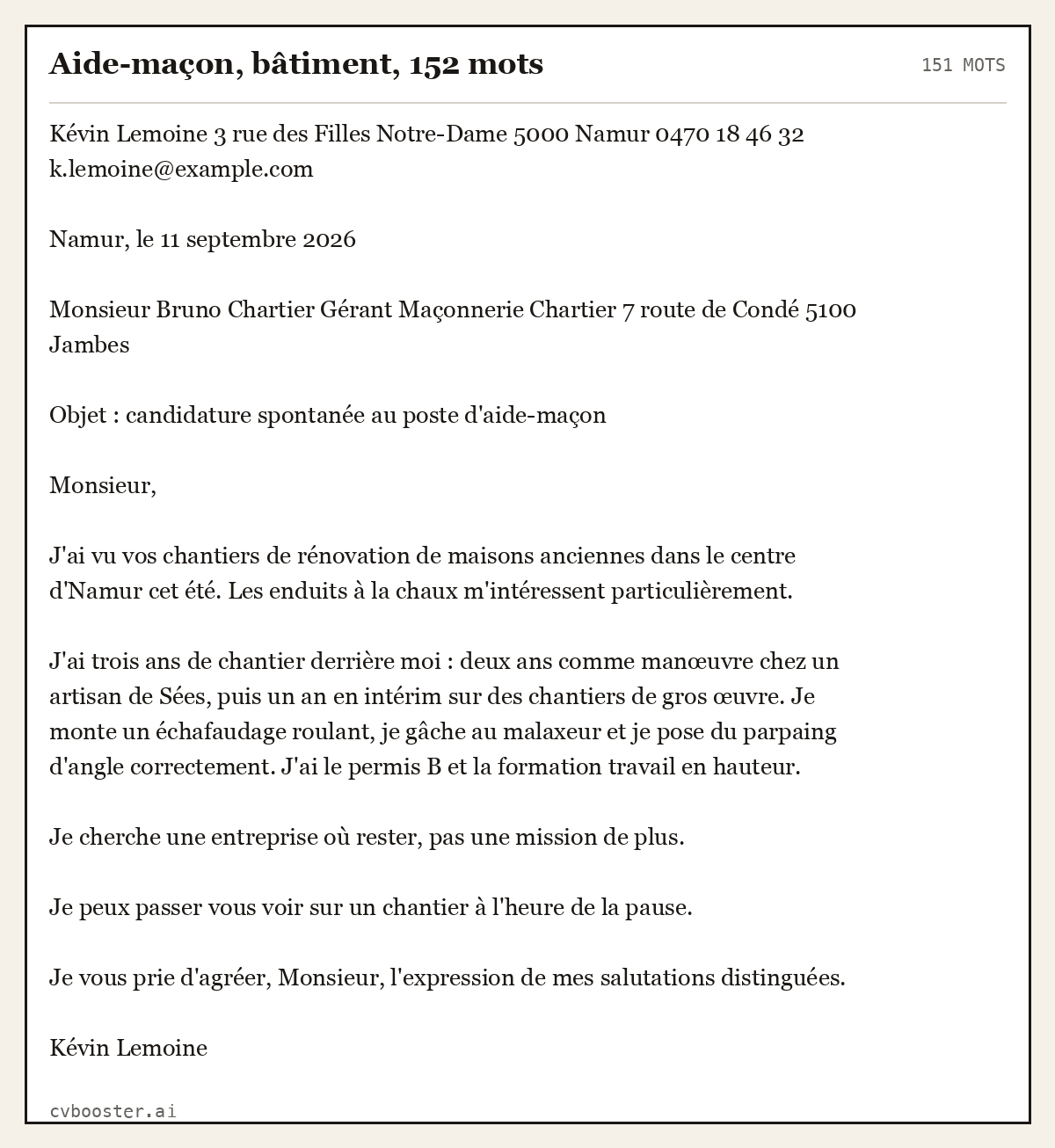 Exemple complet: Aide-maçon, bâtiment, 152 mots, 151 mots