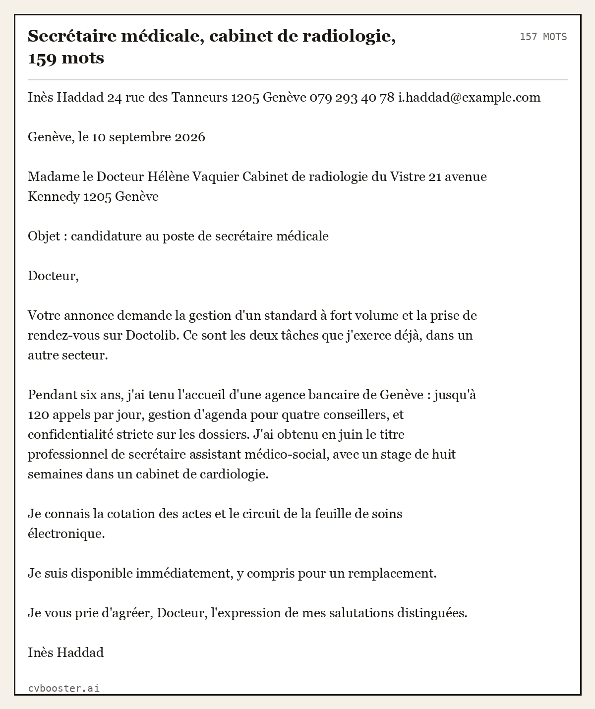 Exemple complet: Secrétaire médicale, cabinet de radiologie, 159 mots, 157 mots