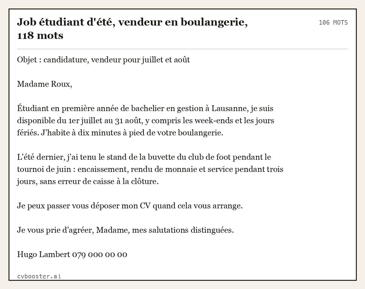 Exemple complet: Job étudiant d'été, vendeur en boulangerie, 118 mots, 106 mots