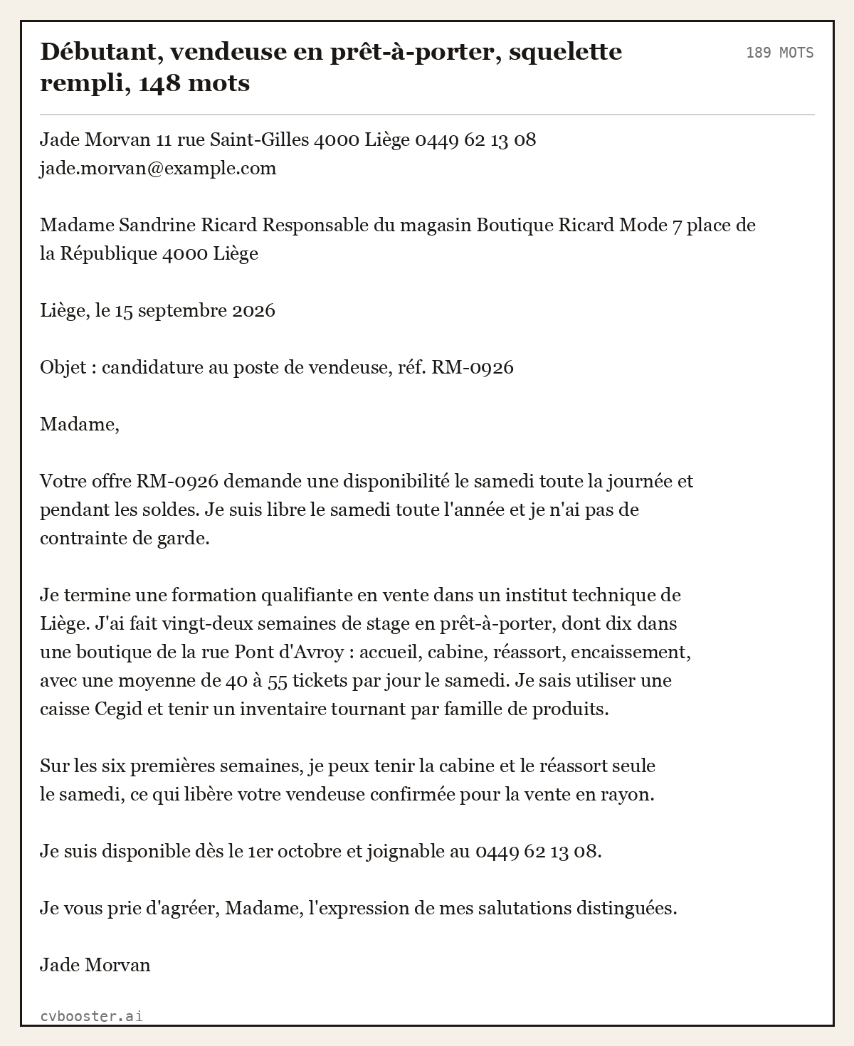 Exemple complet: Débutant, vendeuse en prêt-à-porter, squelette rempli, 189 mots