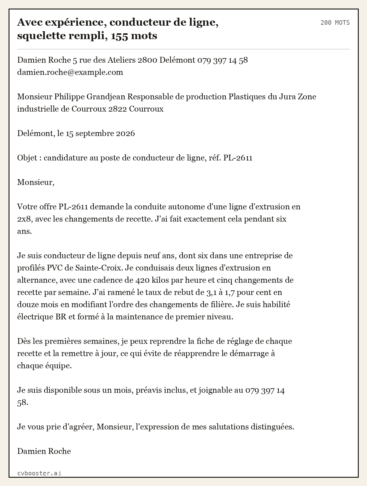 Exemple complet: Avec expérience, conducteur de ligne, squelette rempli, 200 mots