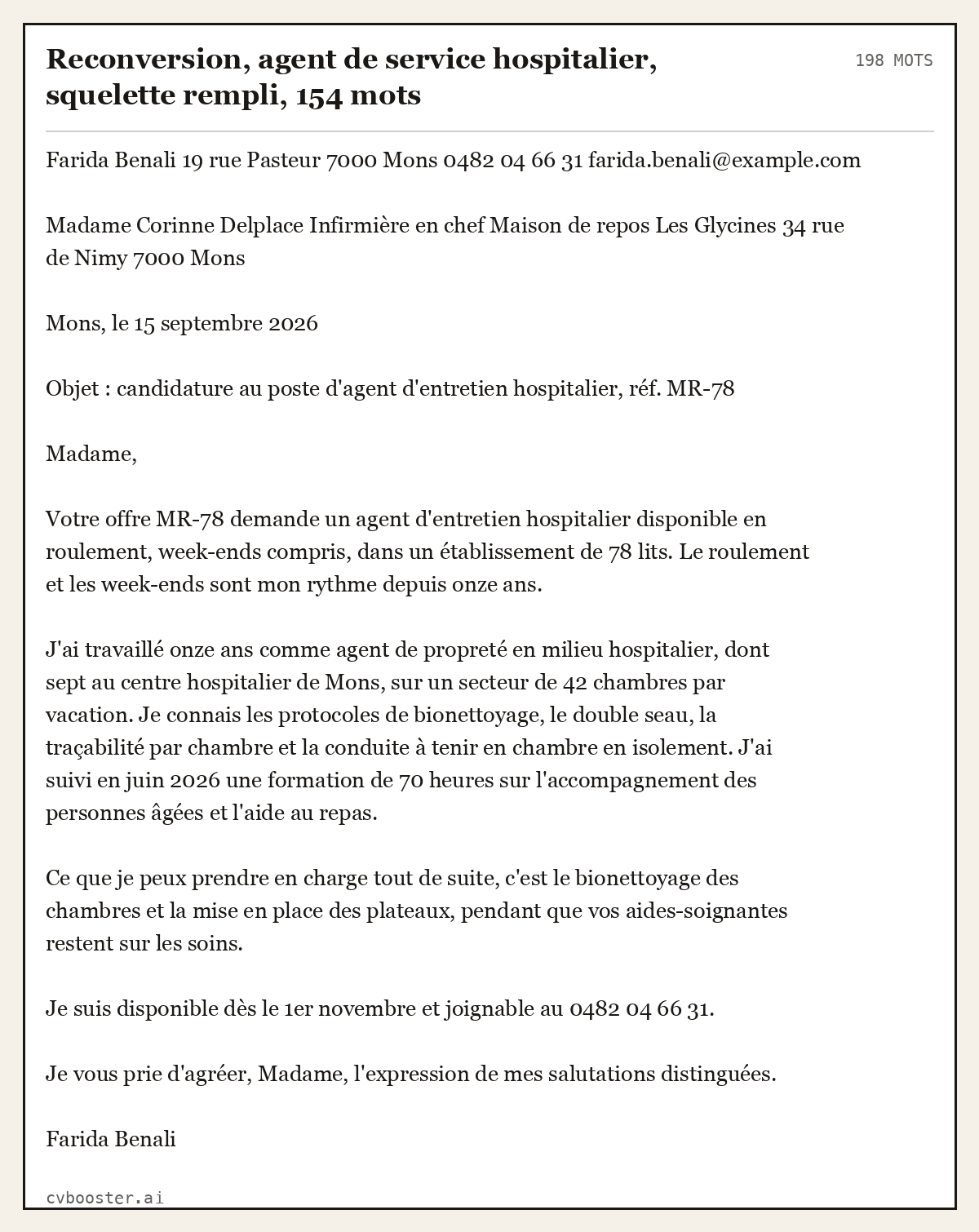 Exemple complet: Reconversion, agent de service hospitalier, squelette rempli, 198 mots