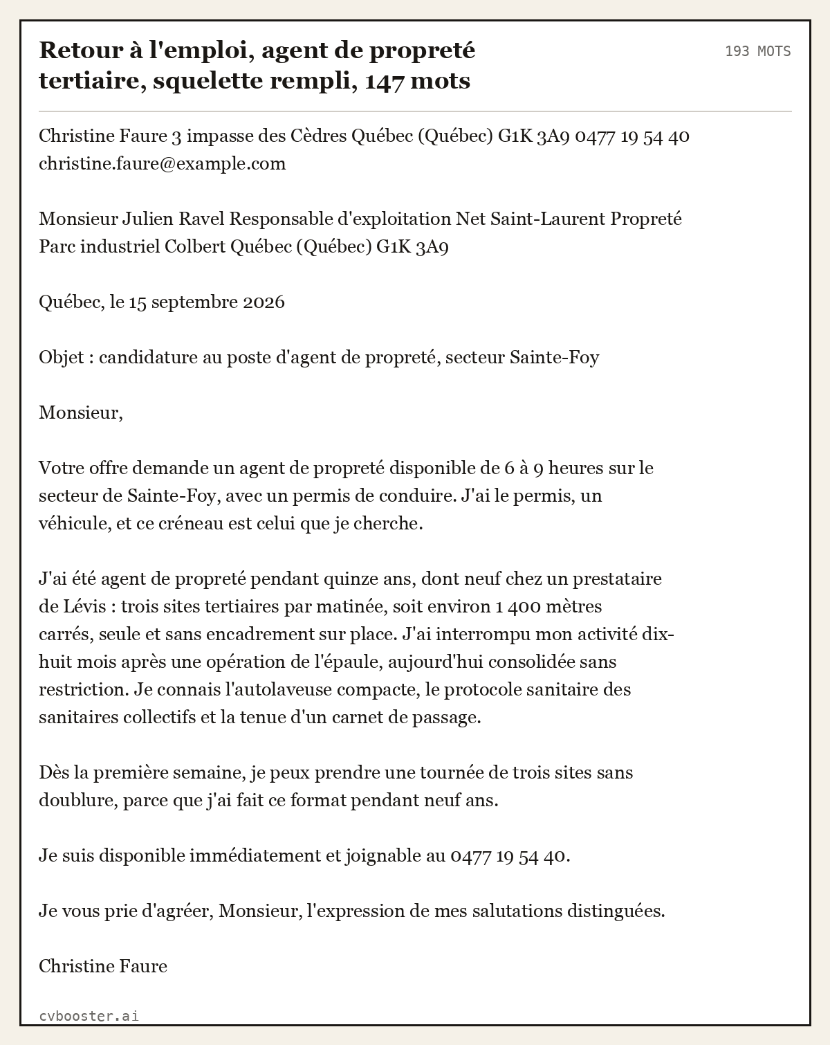Exemple complet: Retour à l'emploi, agent de propreté tertiaire, squelette rempli, 193 mots