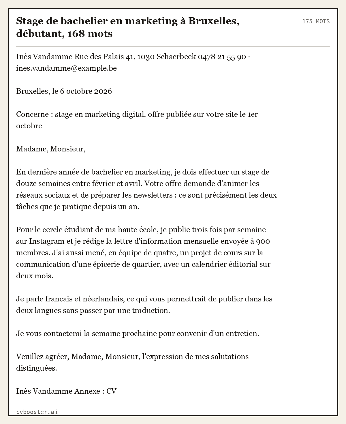Exemple complet: Stage de bachelier en marketing à Bruxelles, débutant, 175 mots