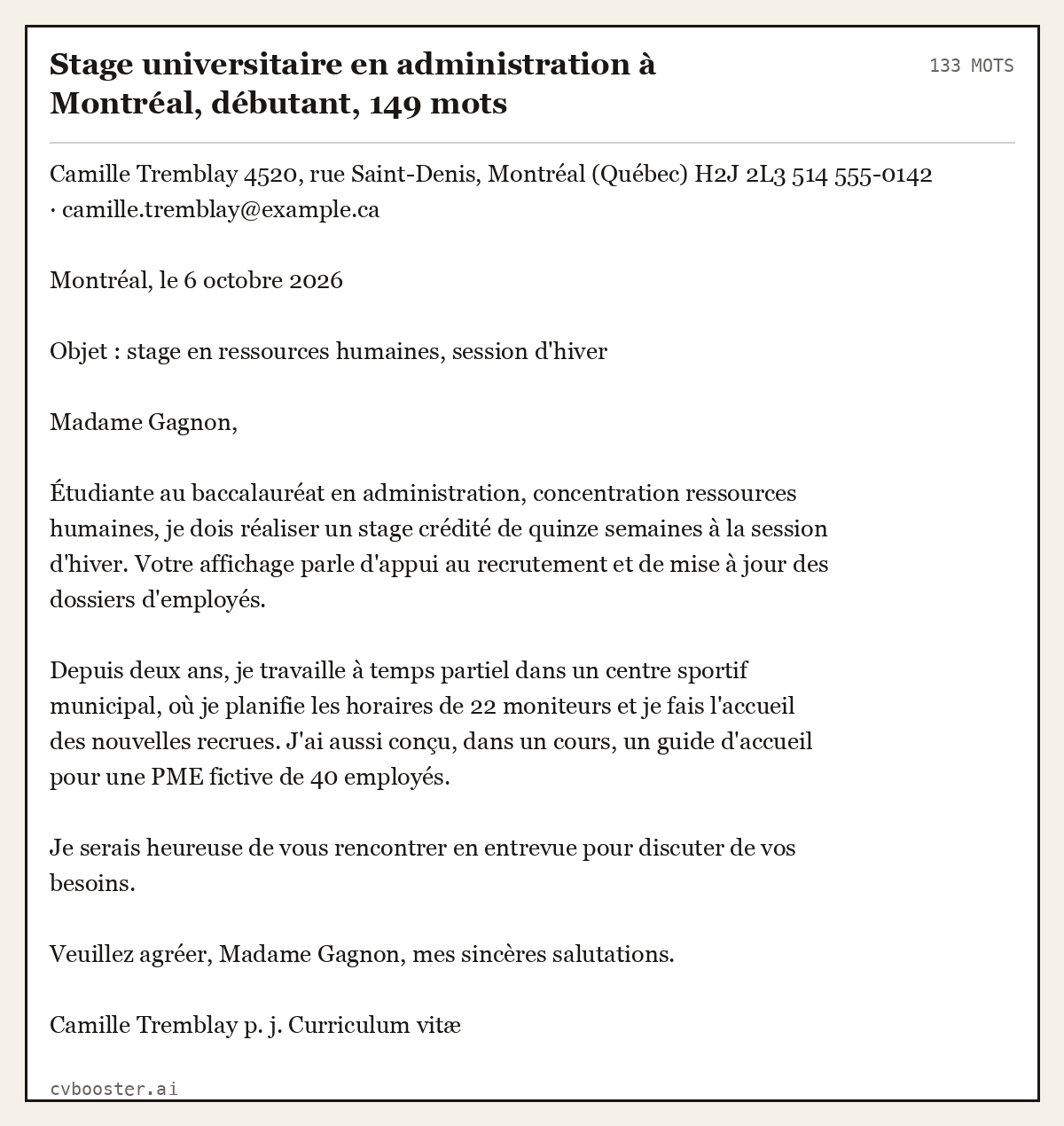 Exemple complet: Stage universitaire en administration à Montréal, débutant, 133 mots
