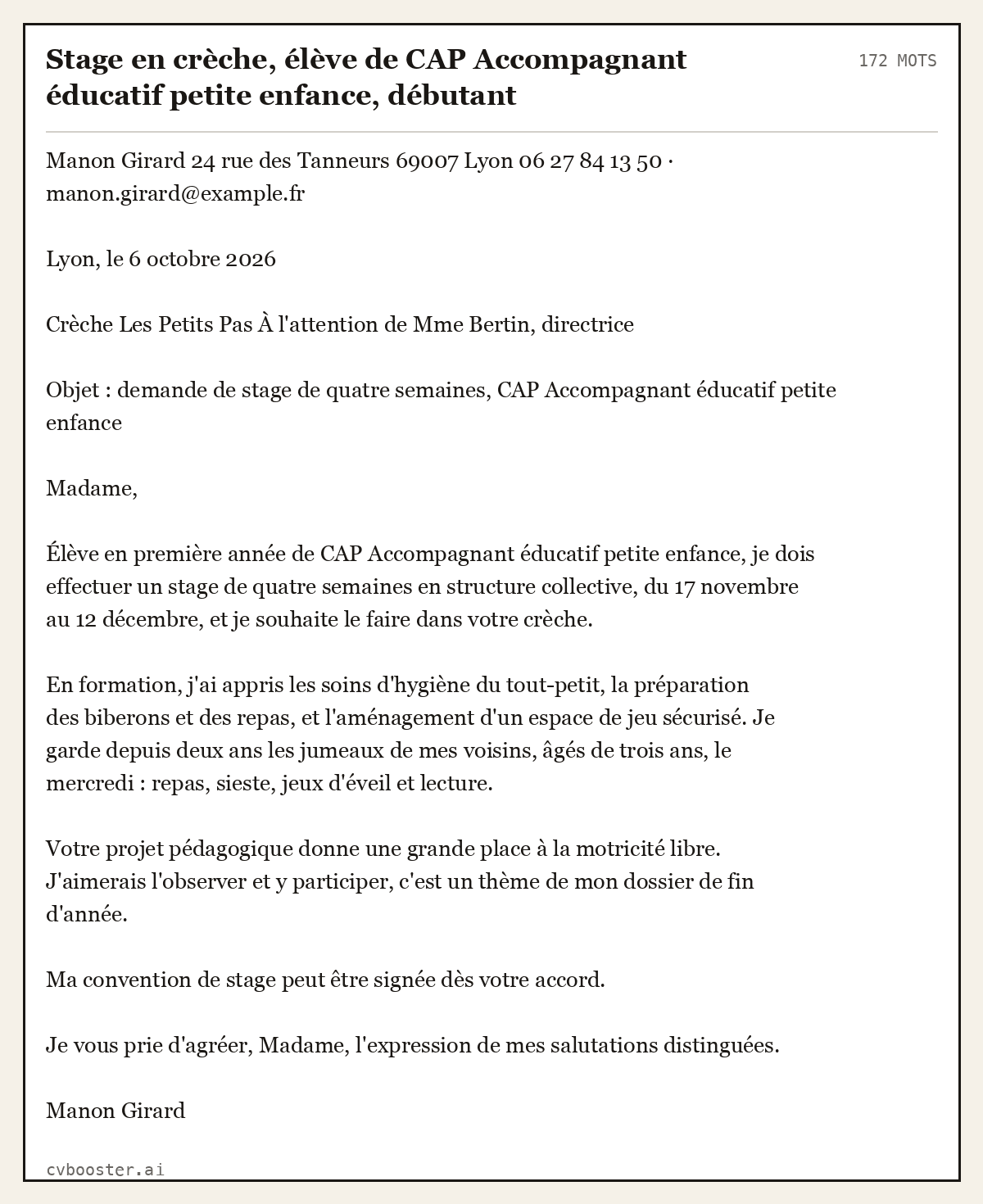 Exemple complet: Stage en crèche, élève de CAP Accompagnant éducatif petite enfance, débutant, 172 mots