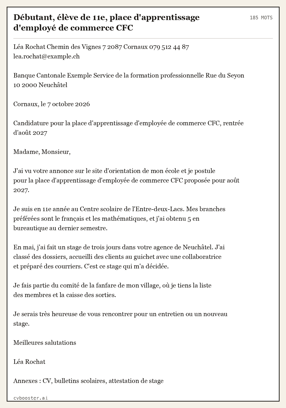 Exemple complet: Débutant, élève de 11e, place d'apprentissage d'employé de commerce CFC, 185 mots