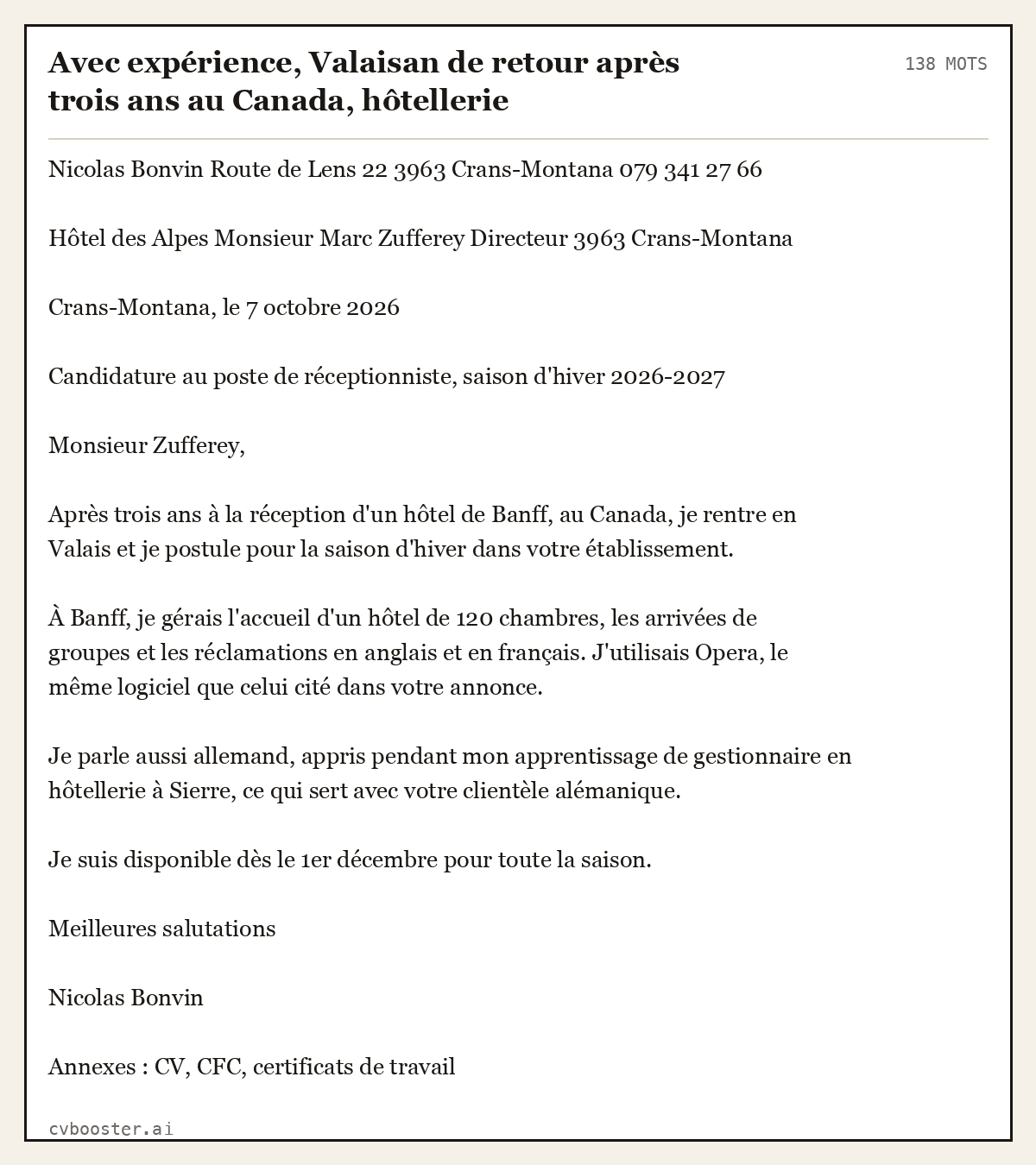 Exemple complet: Avec expérience, Valaisan de retour après trois ans au Canada, hôtellerie, 138 mots