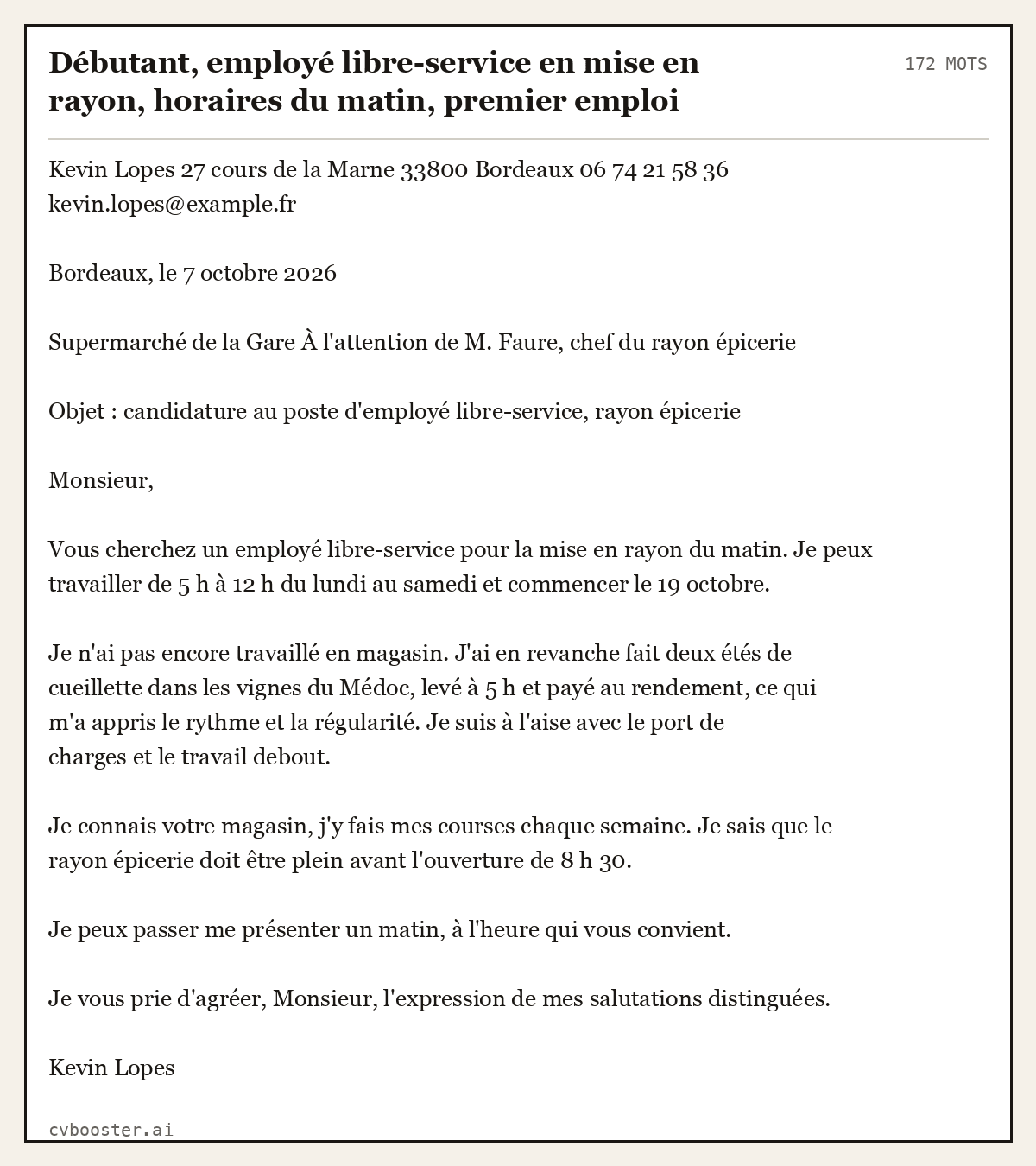 Exemple complet: Débutant, employé libre-service en mise en rayon, horaires du matin, premier emploi, 172 mots