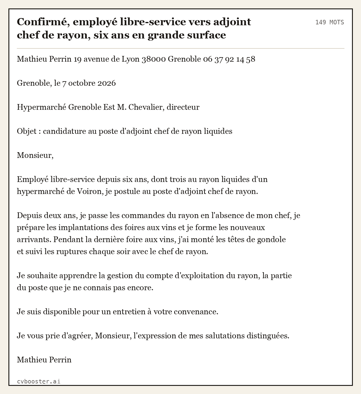 Exemple complet: Confirmé, employé libre-service vers adjoint chef de rayon, six ans en grande surface, 149 mots