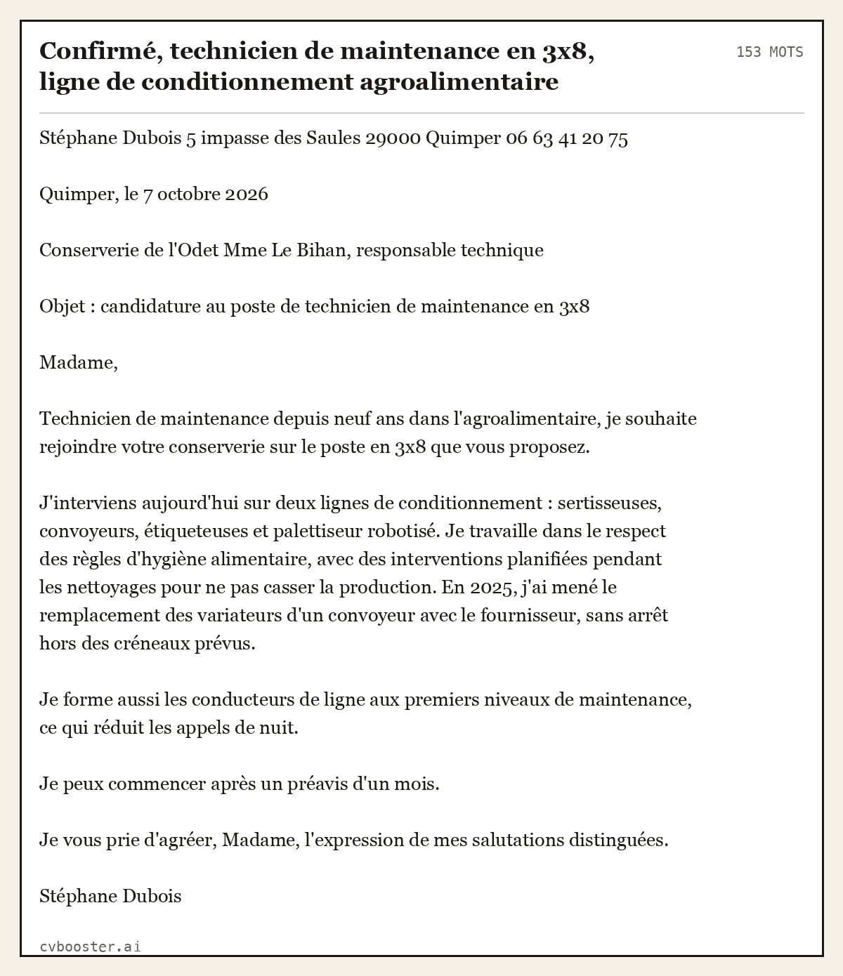 Exemple complet: Confirmé, technicien de maintenance en 3x8, ligne de conditionnement agroalimentaire, 153 mots