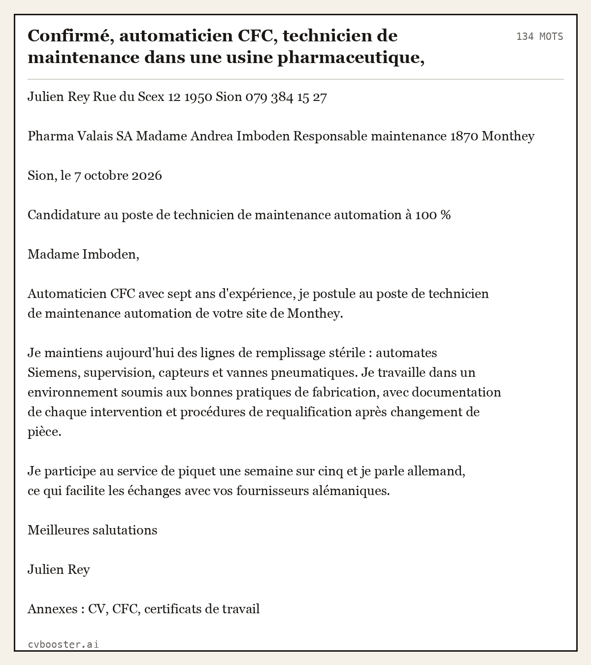 Exemple complet: Confirmé, automaticien CFC, technicien de maintenance dans une usine pharmaceutique, Valais, 134 mots