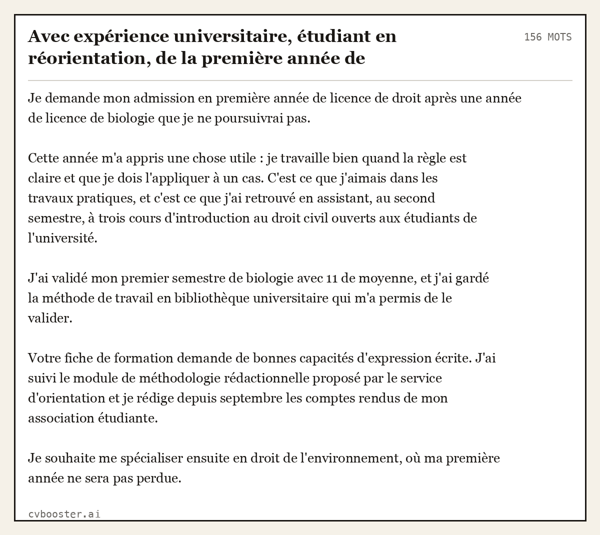 Exemple complet: Avec expérience universitaire, étudiant en réorientation, de la première année de biologie vers la licence de droit, Maroc, 156 mots