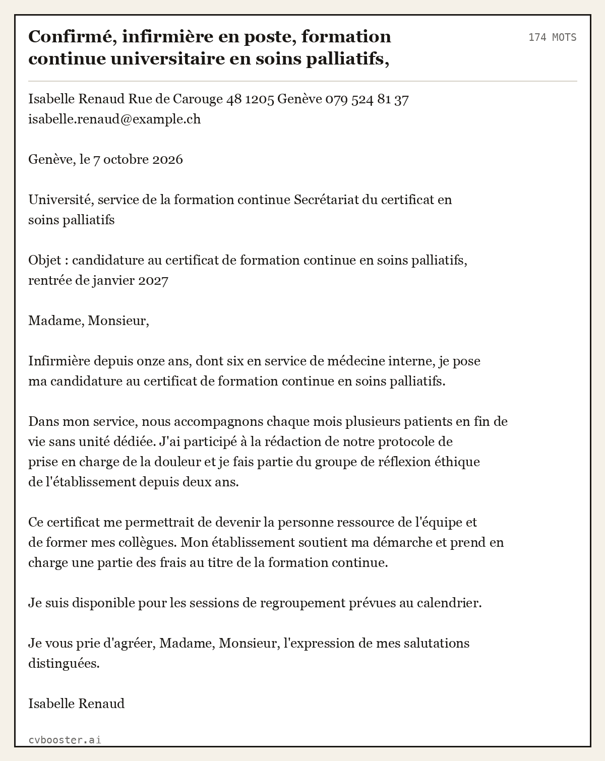 Exemple complet: Confirmé, infirmière en poste, formation continue universitaire en soins palliatifs, Genève, 174 mots