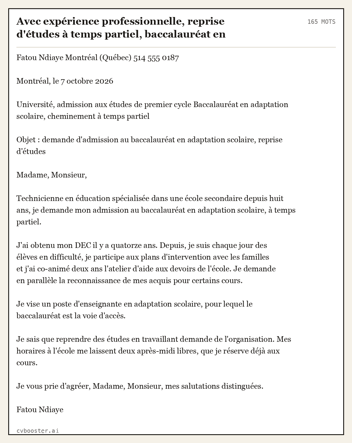 Exemple complet: Avec expérience professionnelle, reprise d'études à temps partiel, baccalauréat en adaptation scolaire, Québec, 165 mots