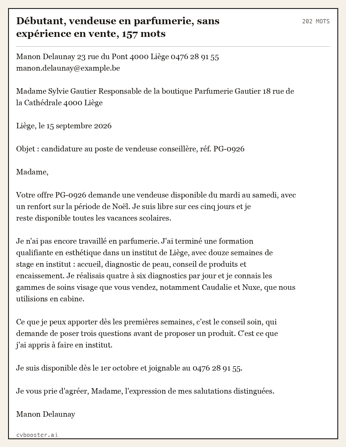 Exemple complet: Débutant, vendeuse en parfumerie, sans expérience en vente, 202 mots