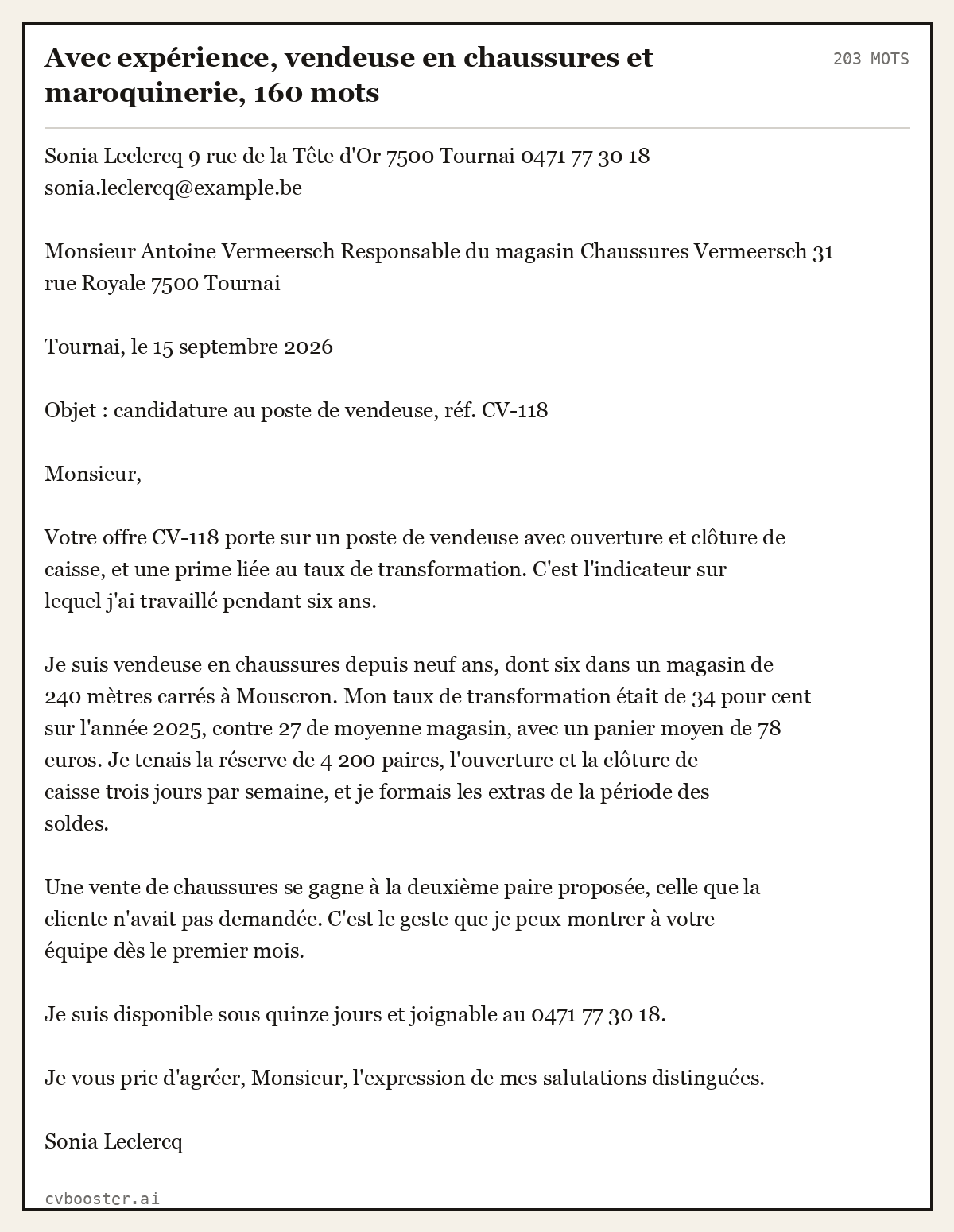 Exemple complet: Avec expérience, vendeuse en chaussures et maroquinerie, 203 mots