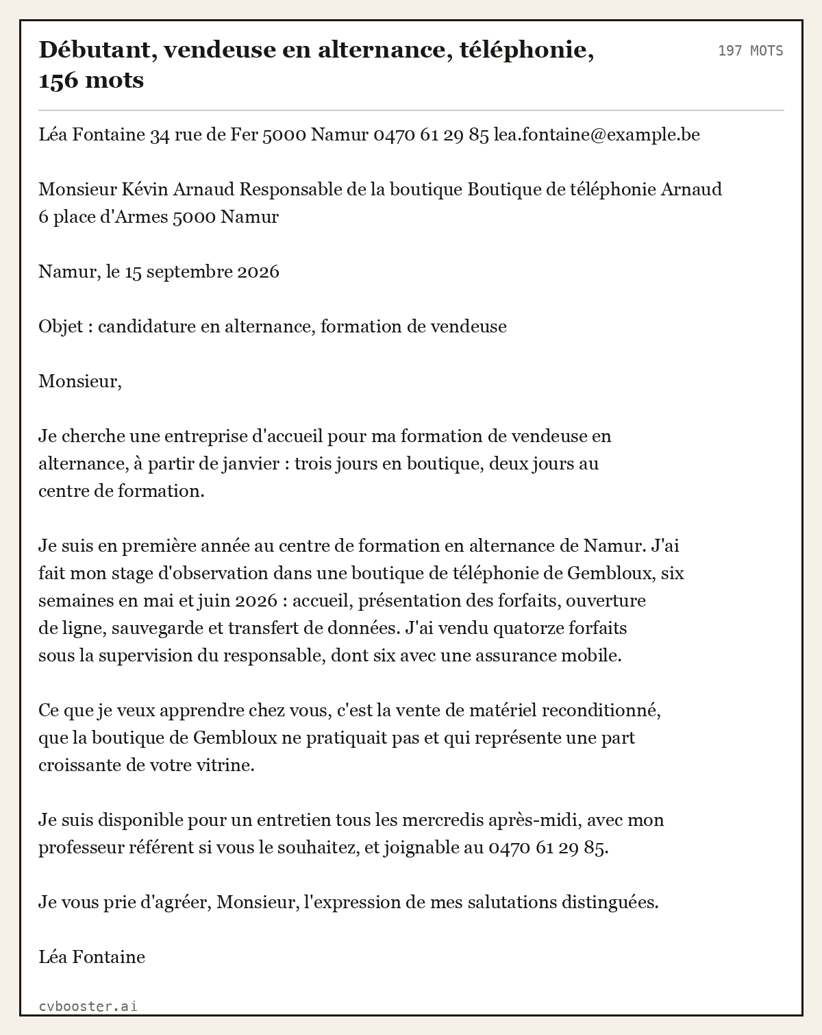 Exemple complet: Débutant, vendeuse en alternance, téléphonie, 197 mots