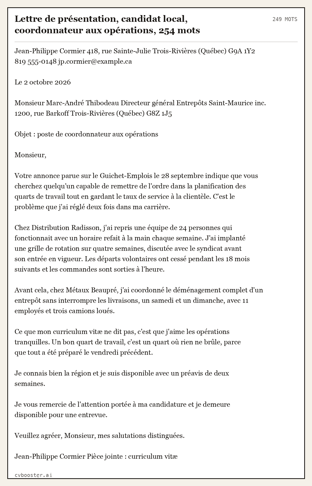 Exemple complet: Lettre de présentation, candidat local, coordonnateur aux opérations, 249 mots