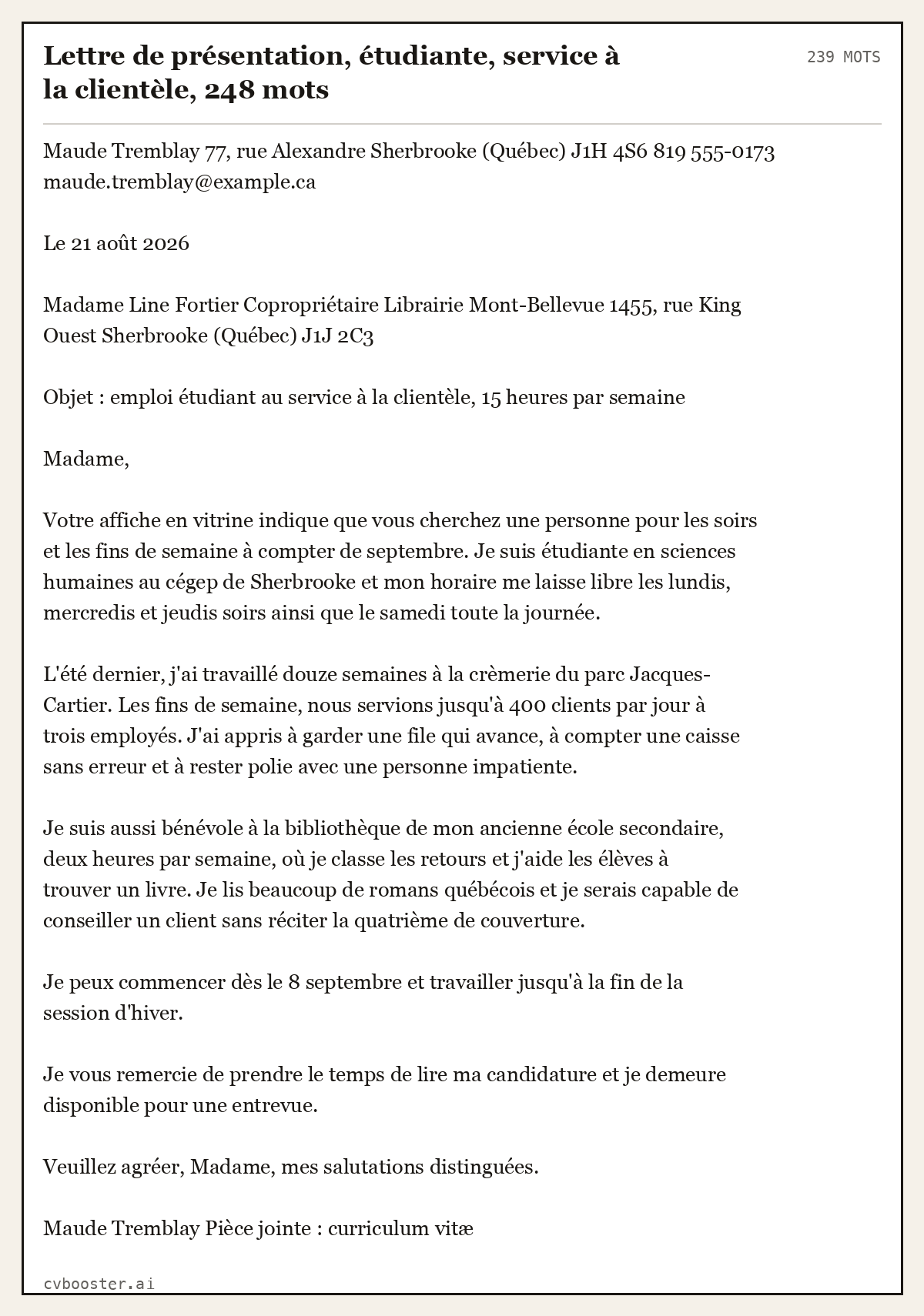 Exemple complet: Lettre de présentation, étudiante, service à la clientèle, 239 mots