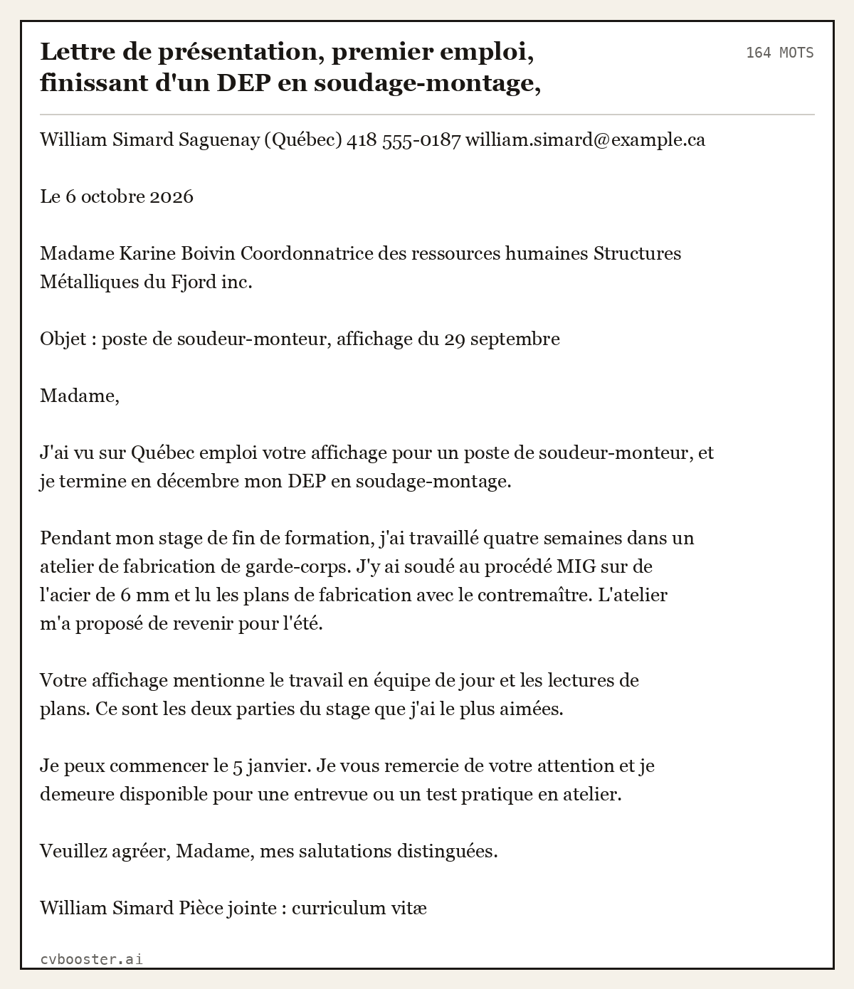 Exemple complet: Lettre de présentation, premier emploi, finissant d'un DEP en soudage-montage, Saguenay, 164 mots