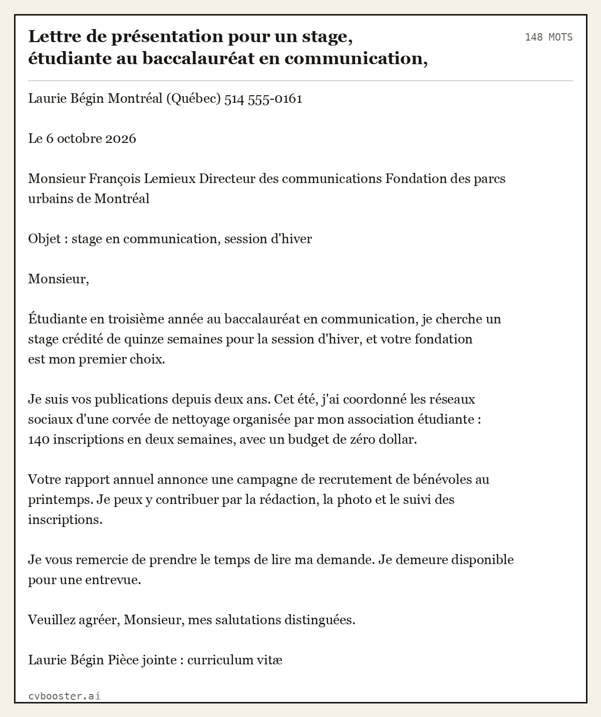 Exemple complet: Lettre de présentation pour un stage, étudiante au baccalauréat en communication, Montréal, 148 mots