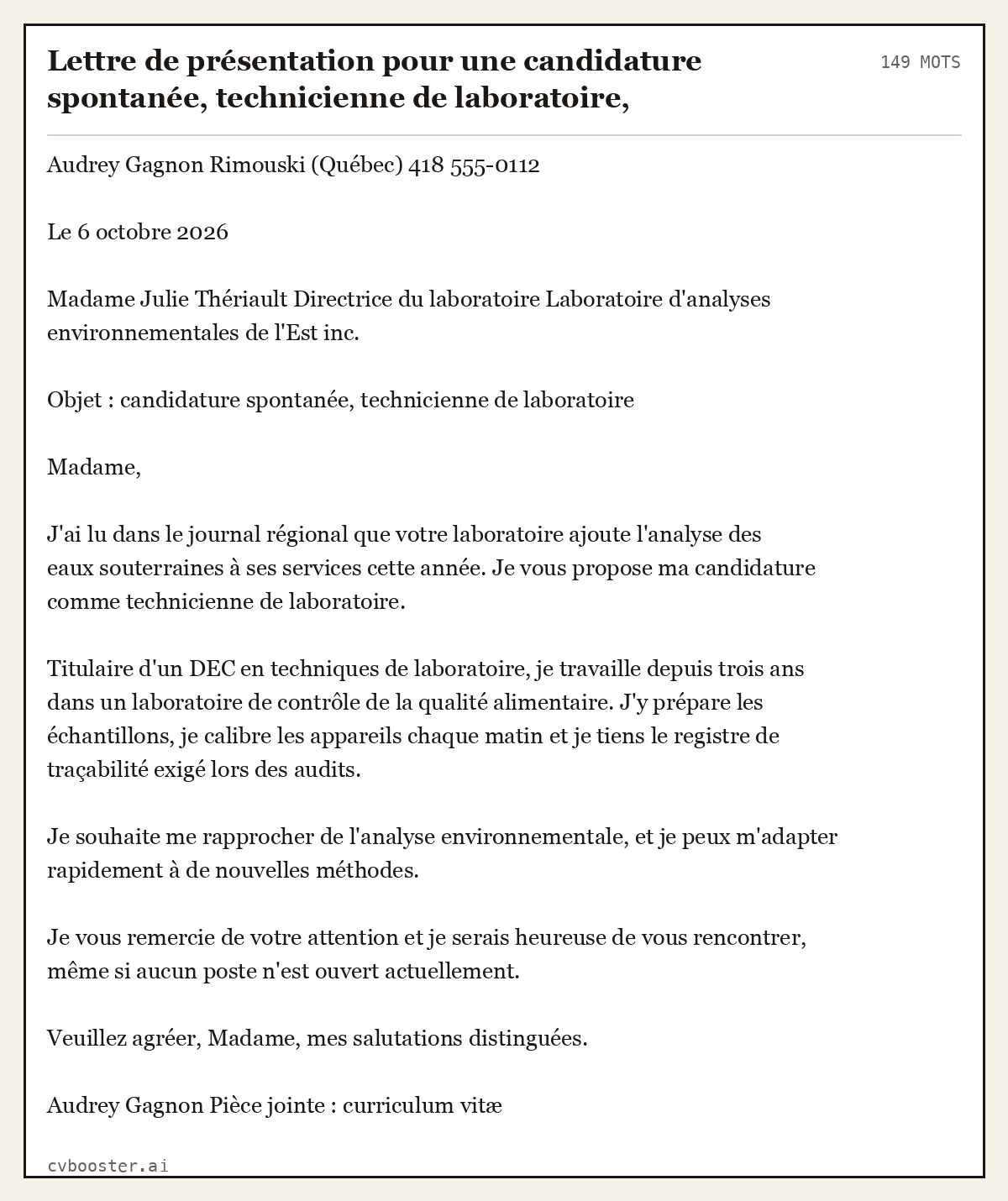 Exemple complet: Lettre de présentation pour une candidature spontanée, technicienne de laboratoire, Rimouski, 149 mots