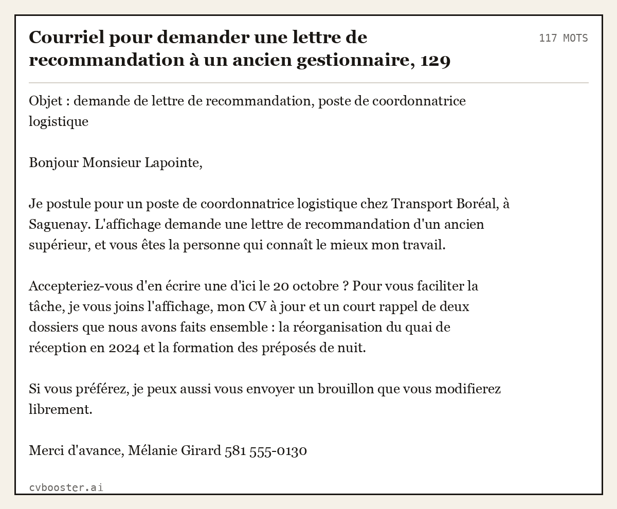 Exemple complet: Courriel pour demander une lettre de recommandation à un ancien gestionnaire, 117 mots