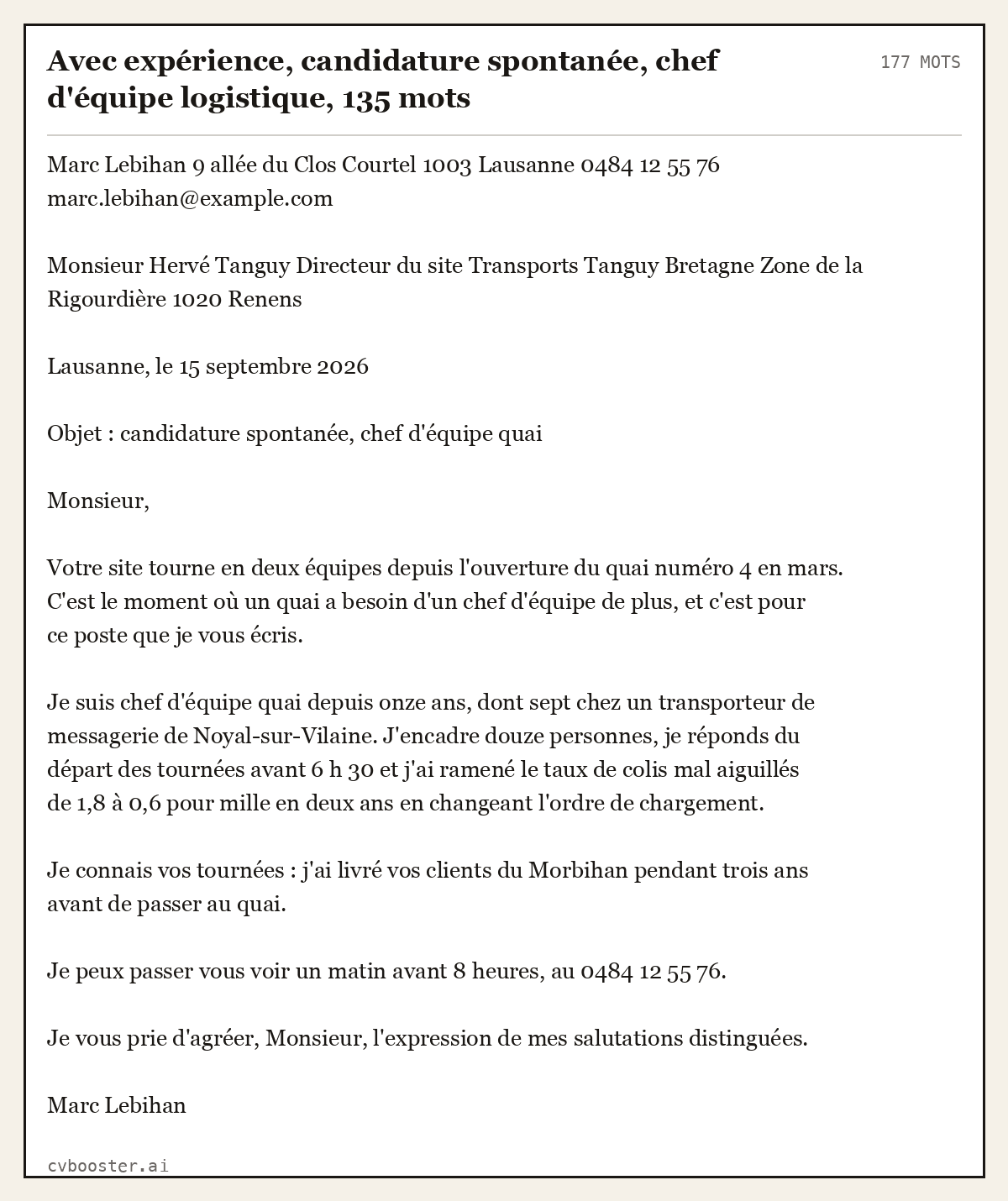 Exemple complet: Avec expérience, candidature spontanée, chef d'équipe logistique, 135 mots, 177 mots