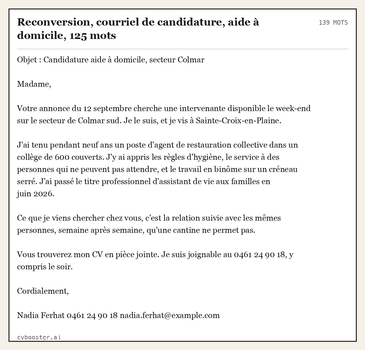 Exemple complet: Reconversion, courriel de candidature, aide à domicile, 125 mots, 139 mots