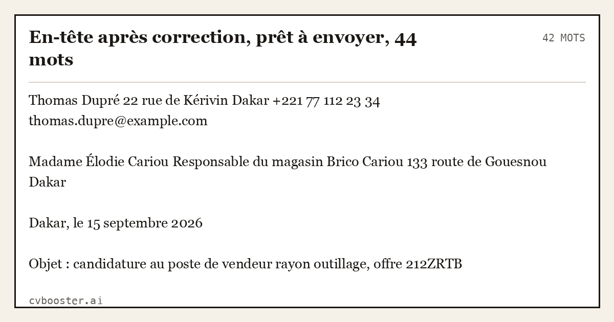 Exemple complet: En-tête après correction, prêt à envoyer, 44 mots, 42 mots