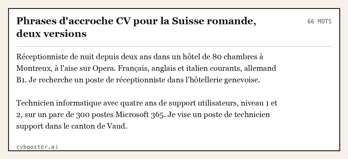 Exemple complet: Phrases d'accroche CV pour la Suisse romande, deux versions, 66 mots