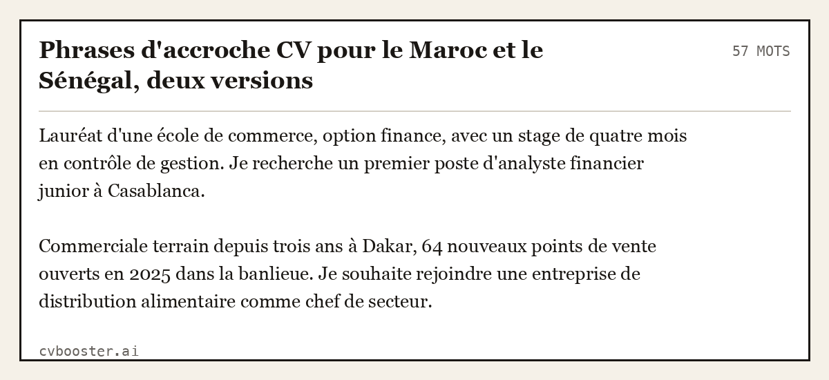 Exemple complet: Phrases d'accroche CV pour le Maroc et le Sénégal, deux versions, 57 mots