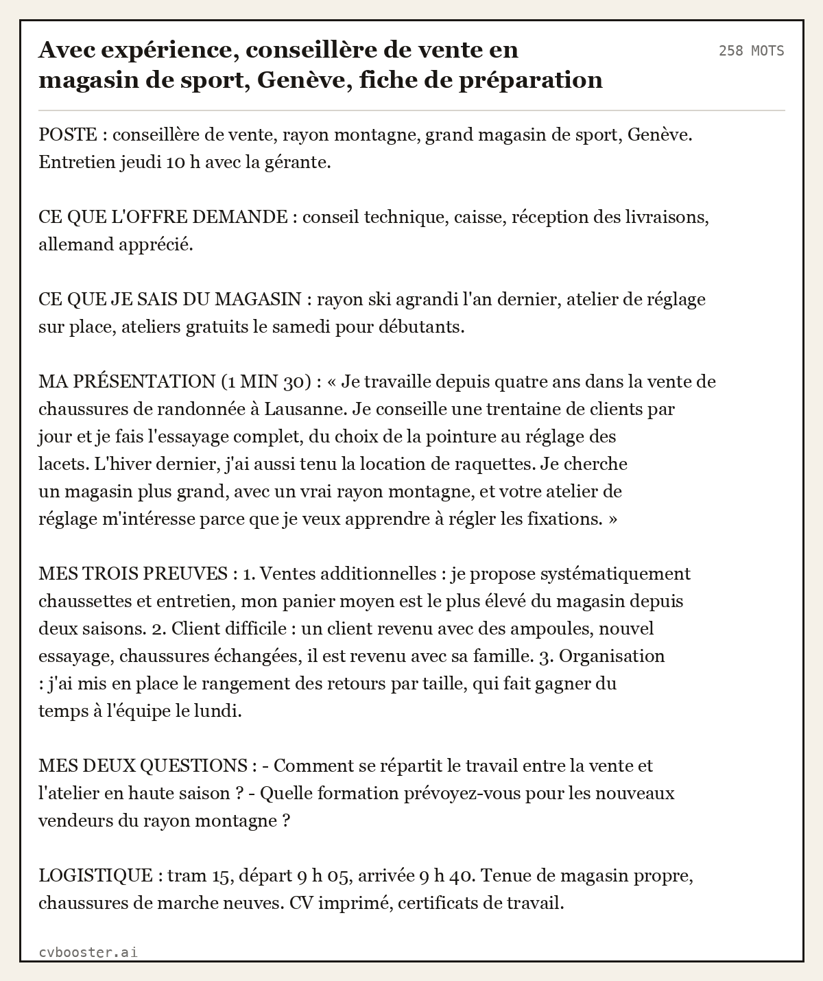 Exemple complet: Avec expérience, conseillère de vente en magasin de sport, Genève, fiche de préparation d'entretien, 258 mots