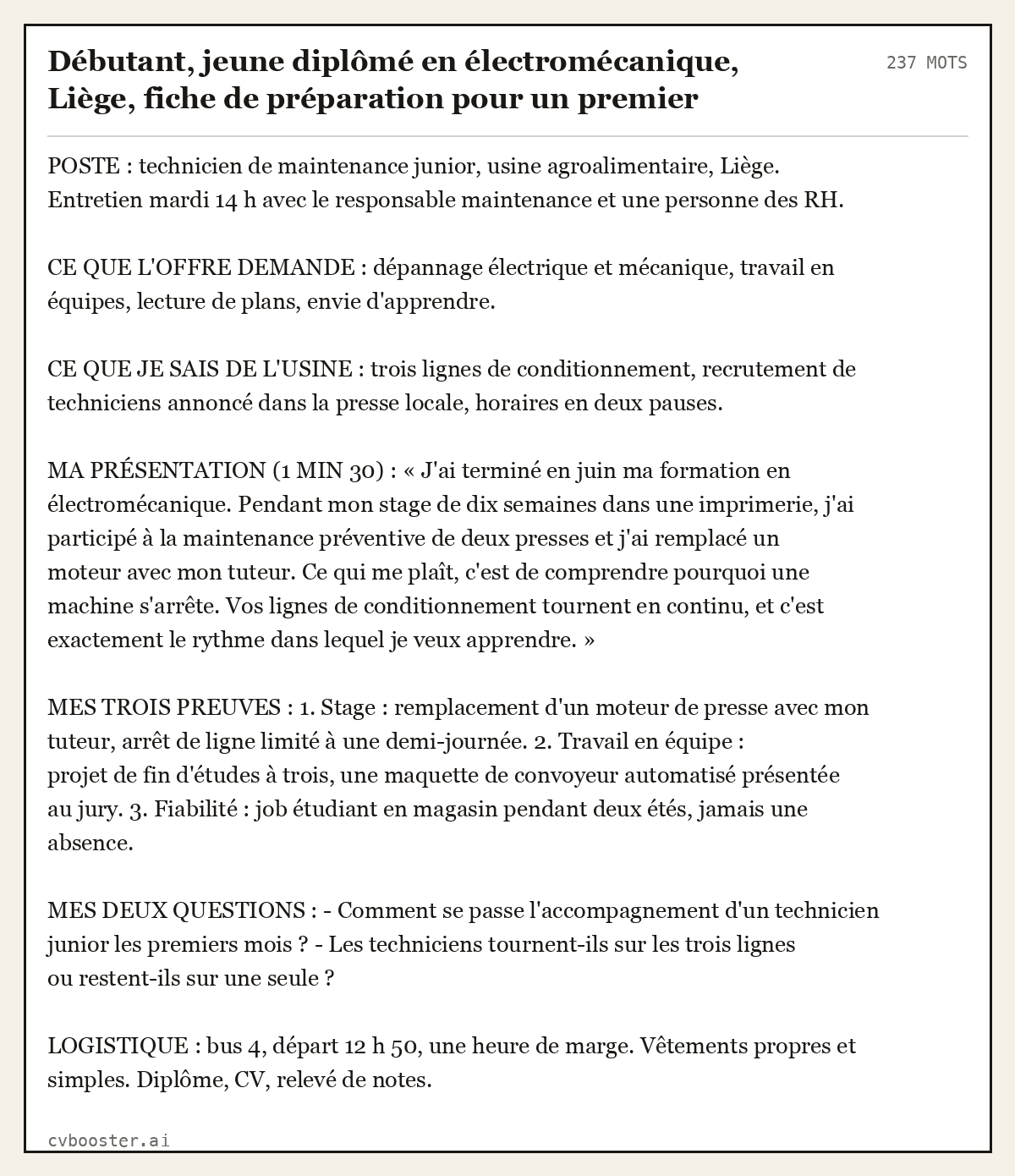Exemple complet: Débutant, jeune diplômé en électromécanique, Liège, fiche de préparation pour un premier entretien, 237 mots