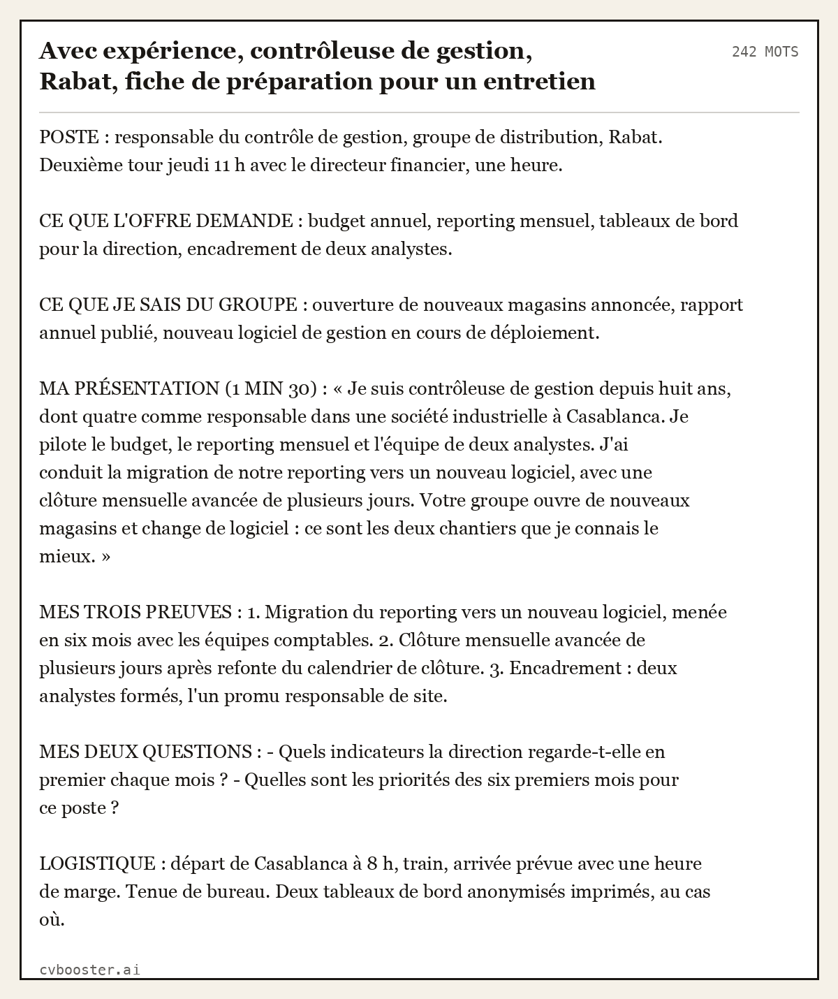 Exemple complet: Avec expérience, contrôleuse de gestion, Rabat, fiche de préparation pour un entretien de cadre en deux tours, 242 mots